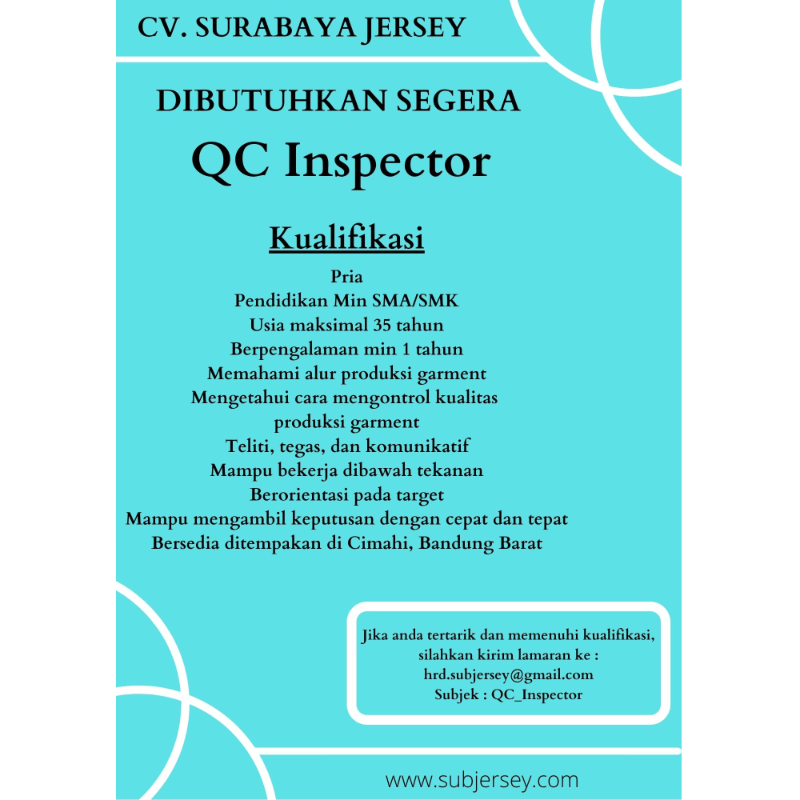 Lowongan Kerja QC Inspector di CV. Surabaya Jersey - LokerBandung.id