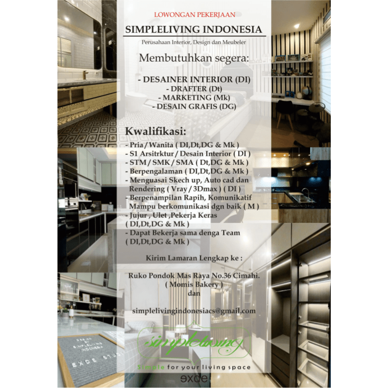 Lowongan Kerja Desainer Interior - Drafter - Marketing - Desain Grafis
