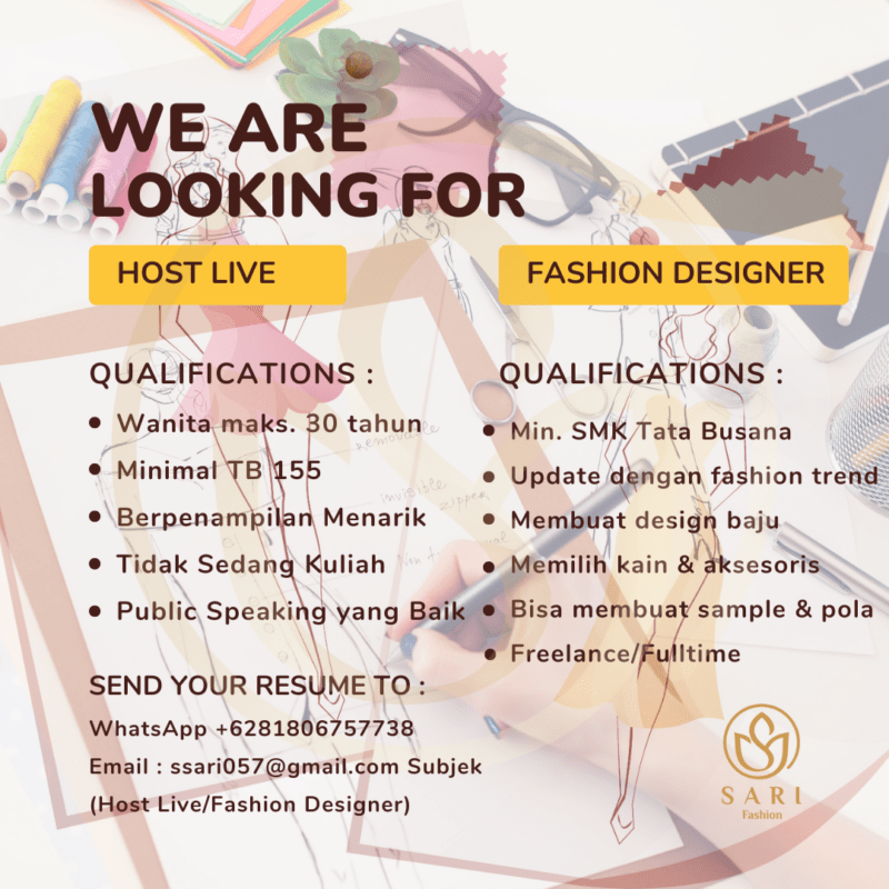 Lowongan Kerja Fashion Designer Host Live di Sari Fashion