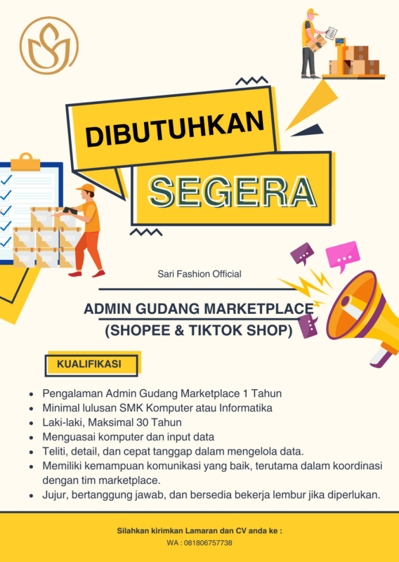 Lowongan Kerja Admin Gudang Marketplace Shopee TikTok di Sari Fashion