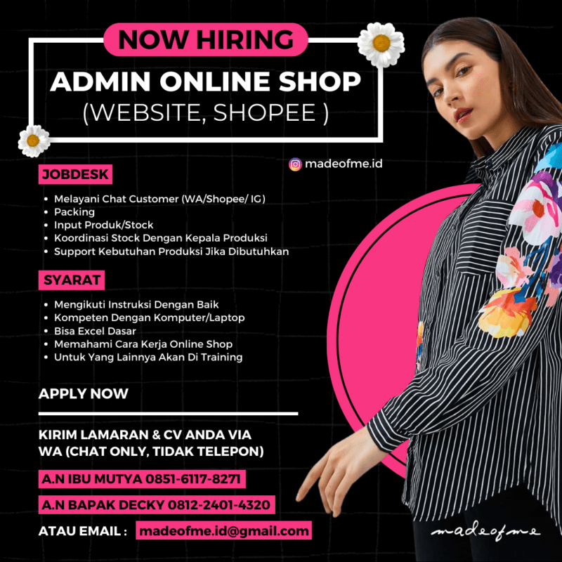 Lowongan Kerja Admin Online Shop (Website, Shopee) di Homd Fashion