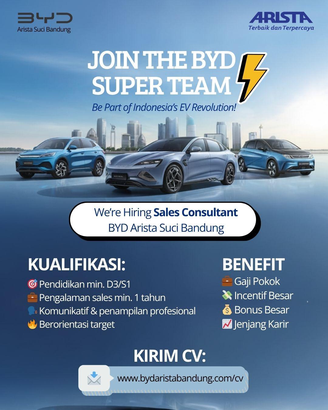 Lowongan Kerja Sales Consultant di BYD Arista Suci Bandung ...
