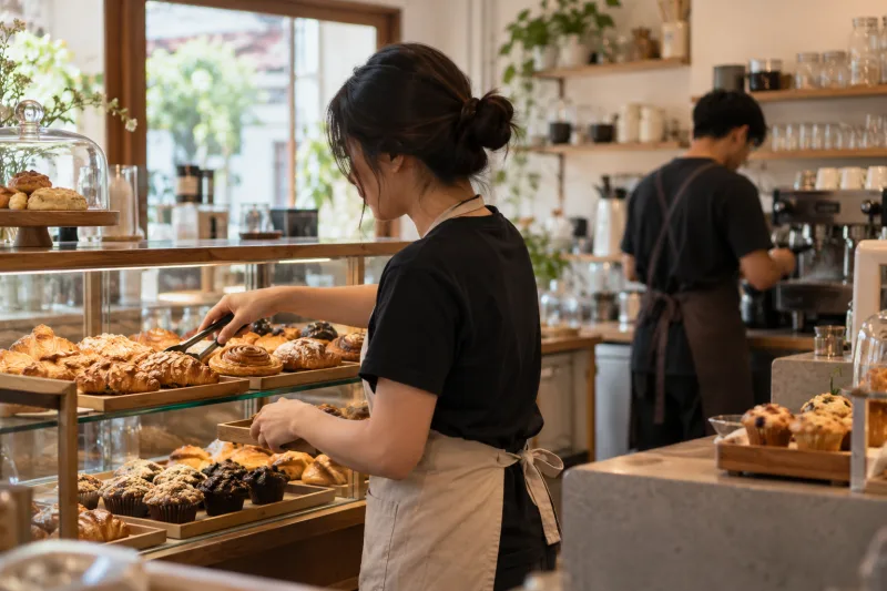 Pekerja part time menata roti di etalase kafe kecil sementara rekannya membuat kopi