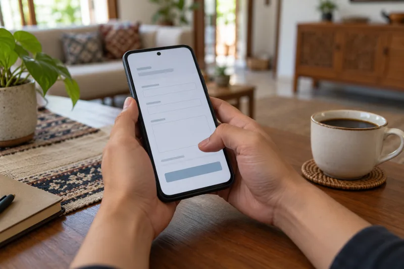 Seseorang memeriksa tautan pendaftaran lowongan di layar ponsel sebelum mengisi data pribadi